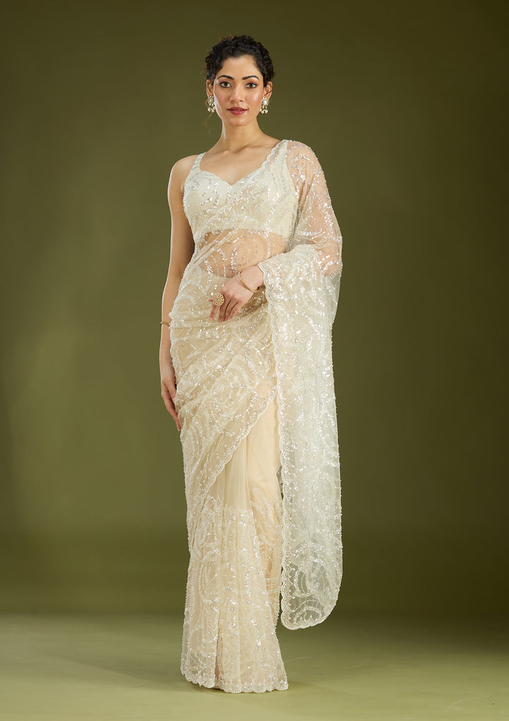 Off White Sequins Net Saree