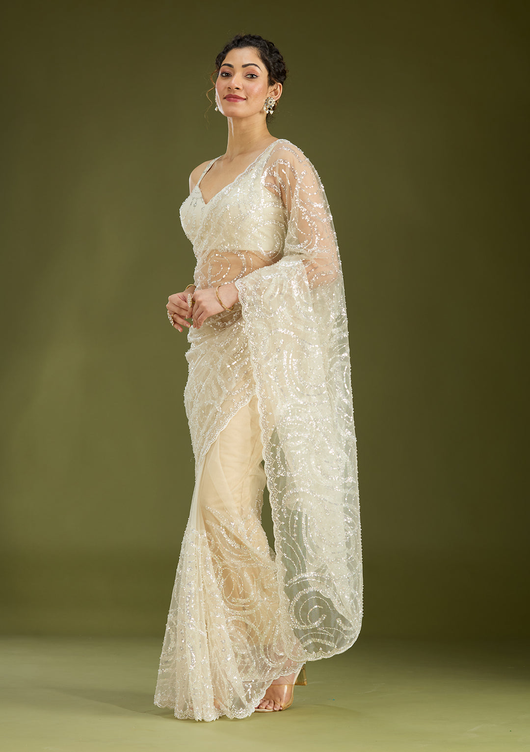 Off White Sequins Net Saree