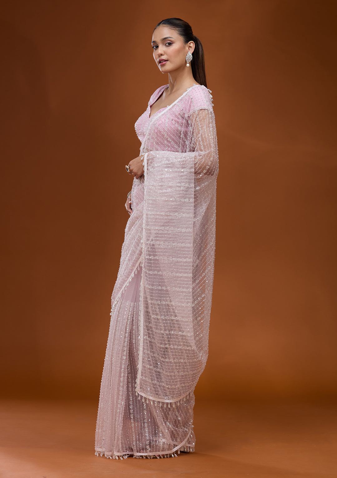 Baby Pink Sequins Net Saree