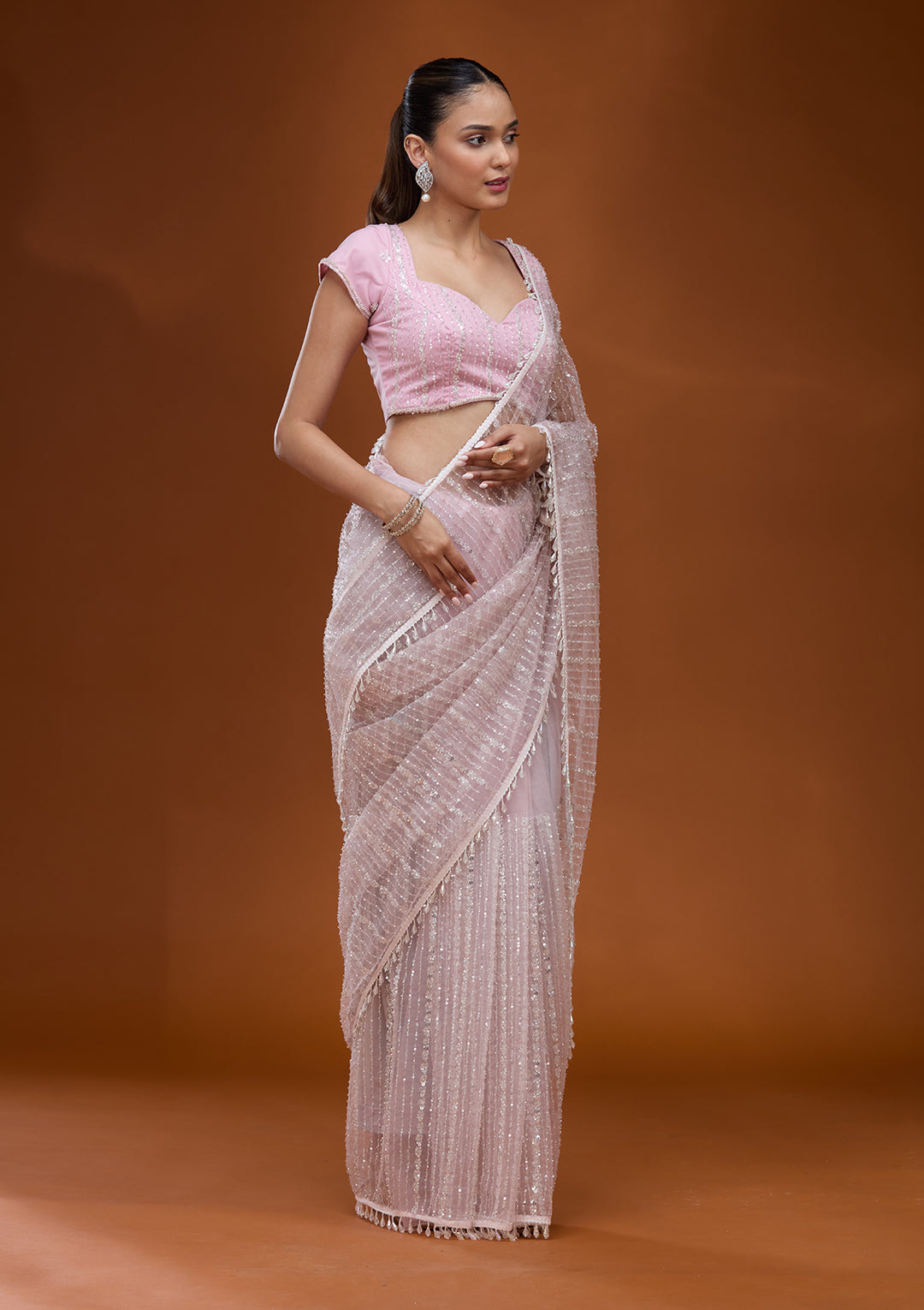 Baby Pink Sequins Net Saree