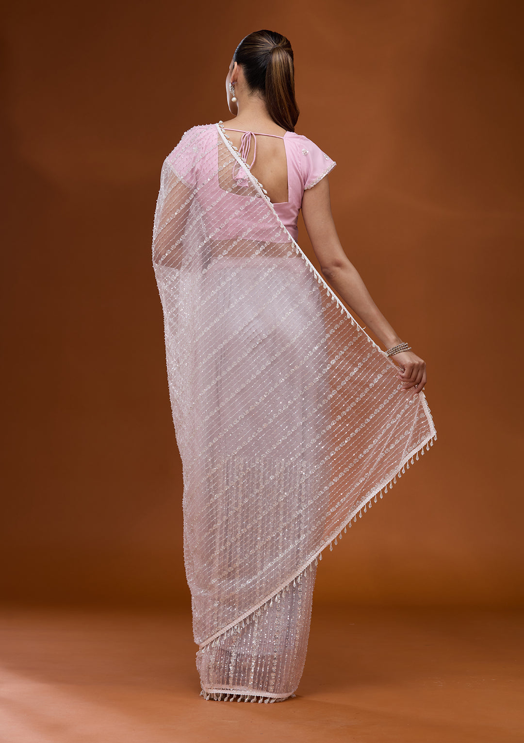 Baby Pink Sequins Net Saree