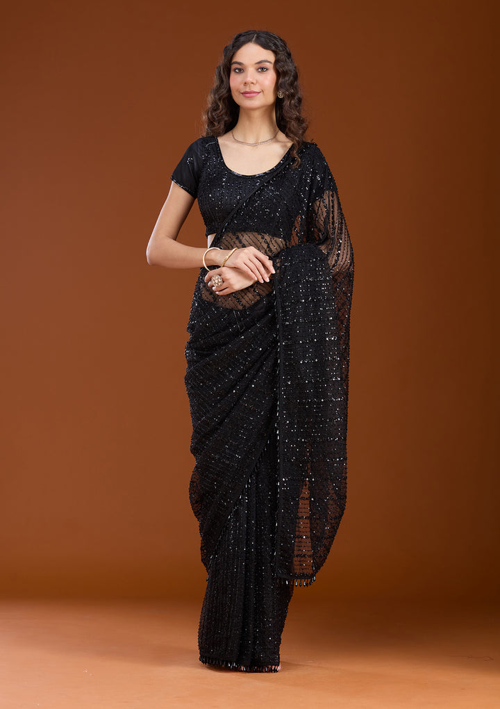 Black Sequins Net Saree