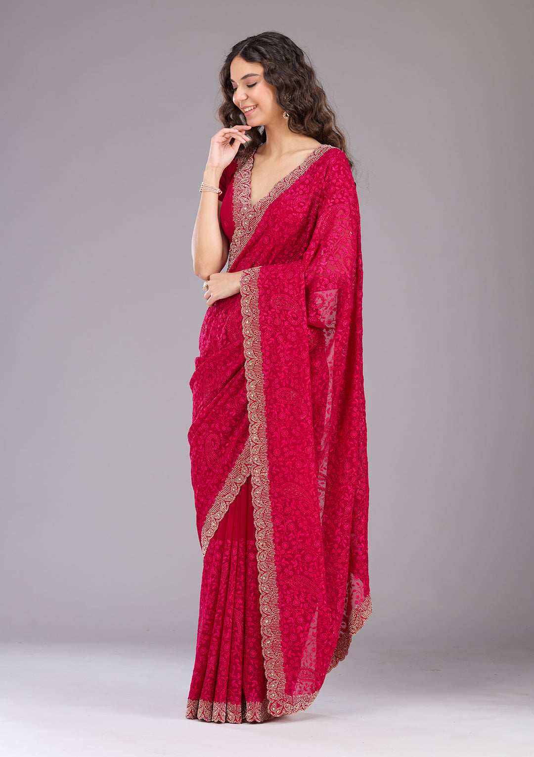 Magenta Pink Threadwork Georgette Saree