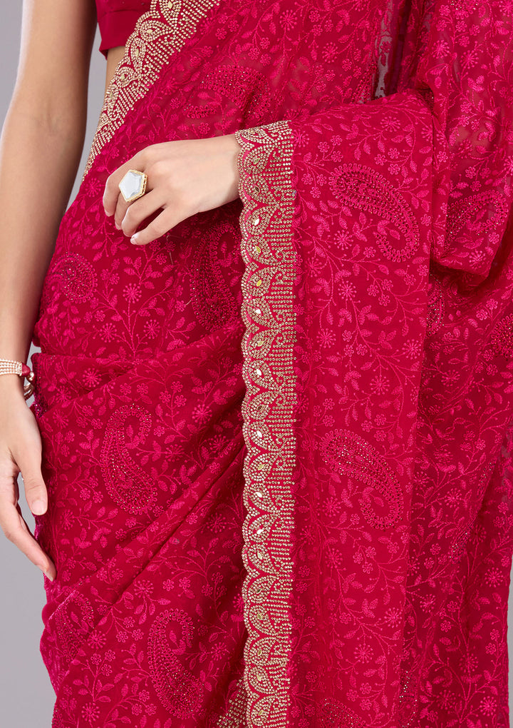 Magenta Pink Threadwork Georgette Saree