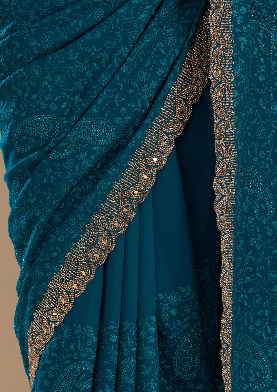 Peacock Blue Threadwork Georgette Saree