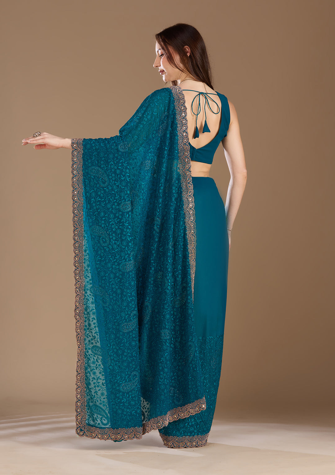 Peacock Blue Threadwork Georgette Saree