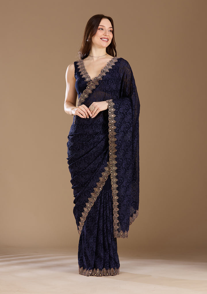 Navy Blue Threadwork Georgette Saree