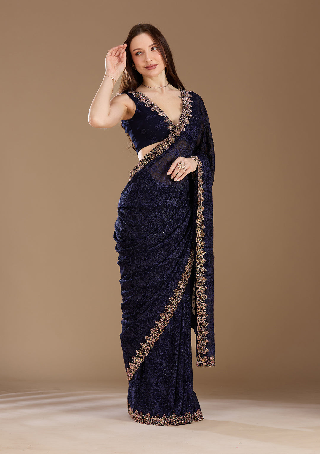 Navy Blue Threadwork Georgette Saree
