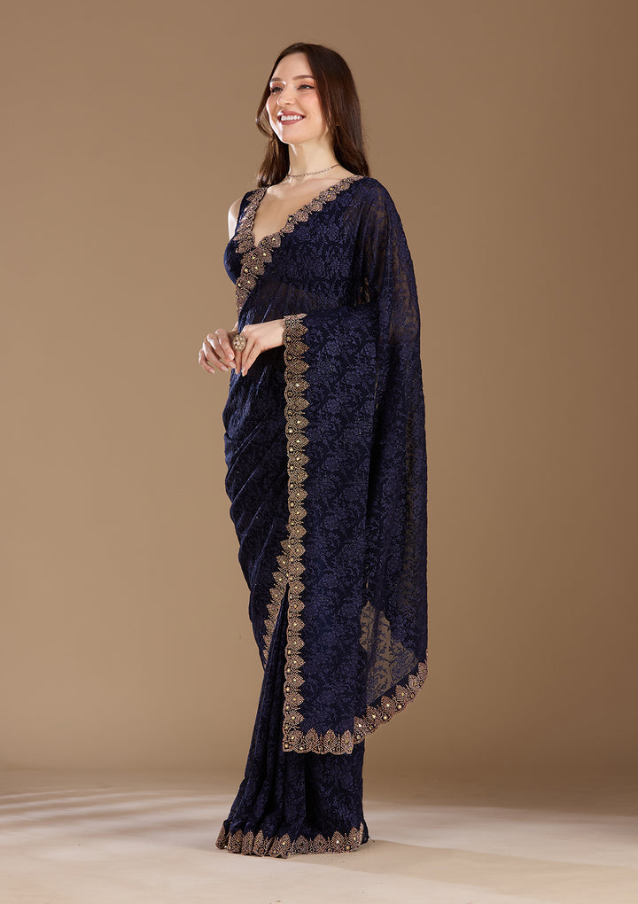 Navy Blue Threadwork Georgette Saree
