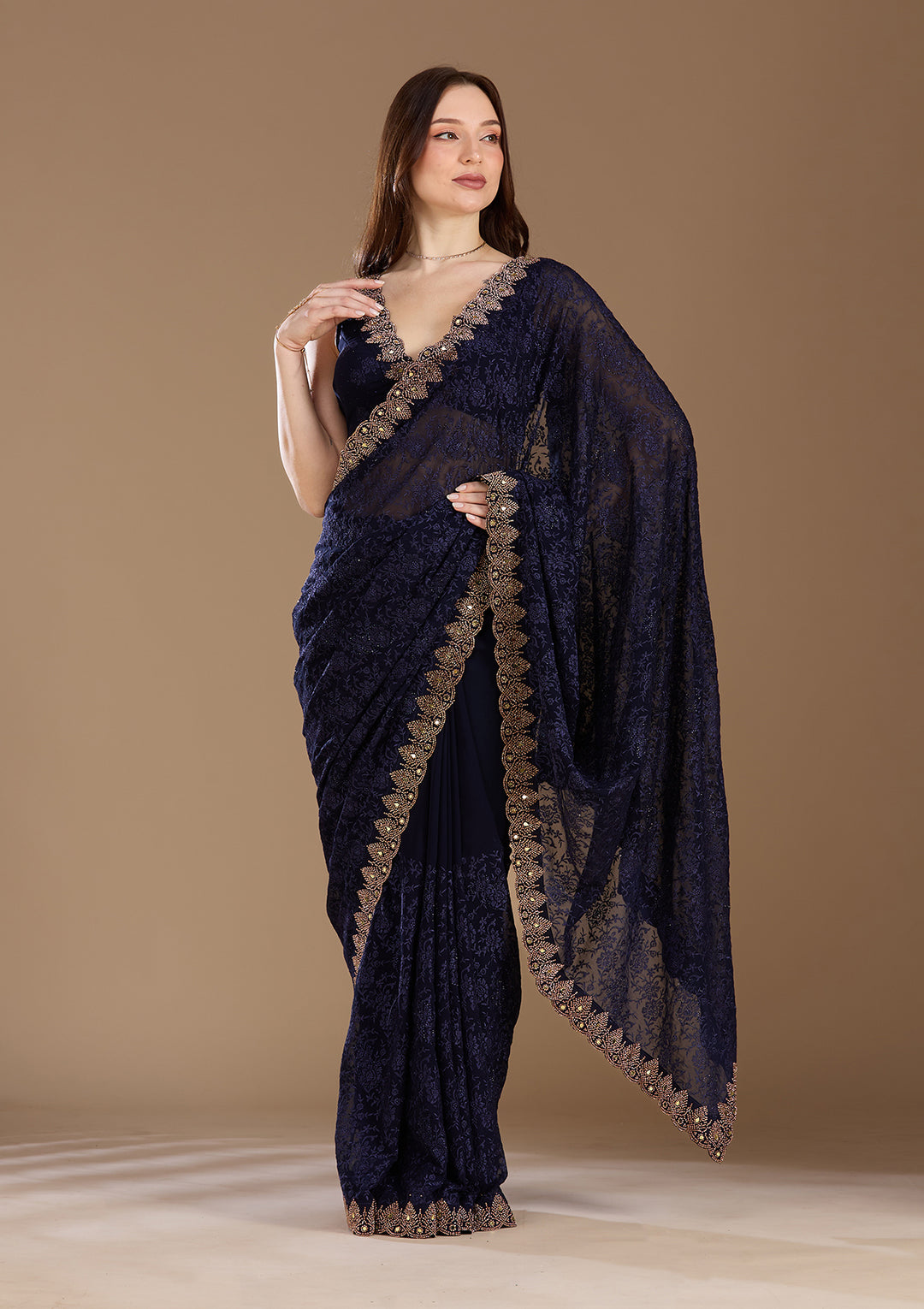 Navy Blue Threadwork Georgette Saree