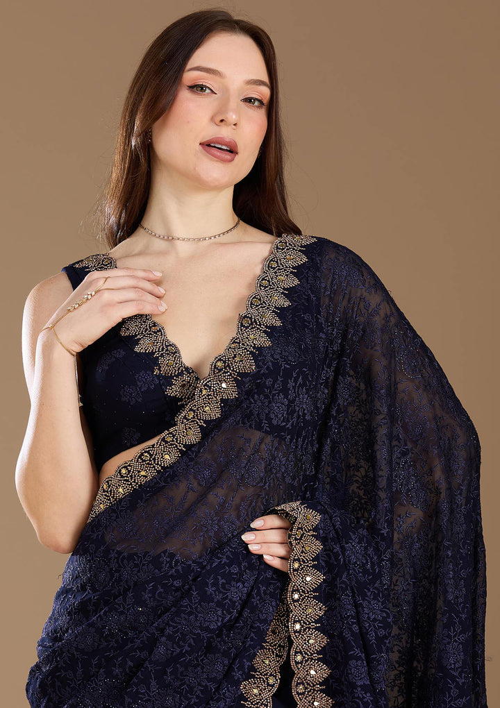Navy Blue Threadwork Georgette Saree