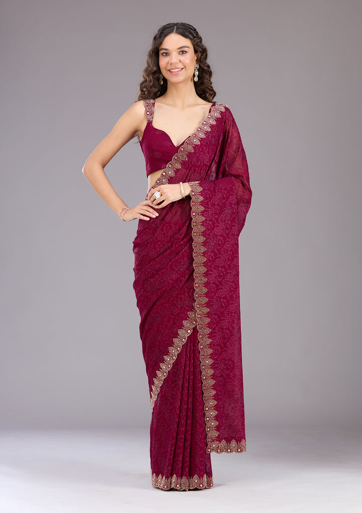 Wine Threadwork Georgette Saree