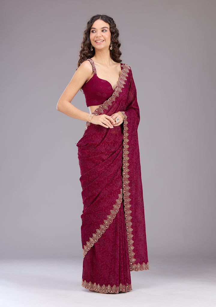 Wine Threadwork Georgette Saree