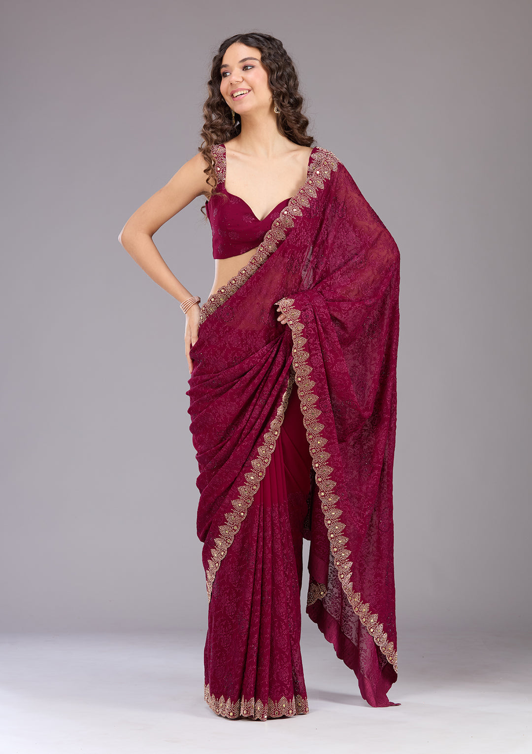 Wine Threadwork Georgette Saree