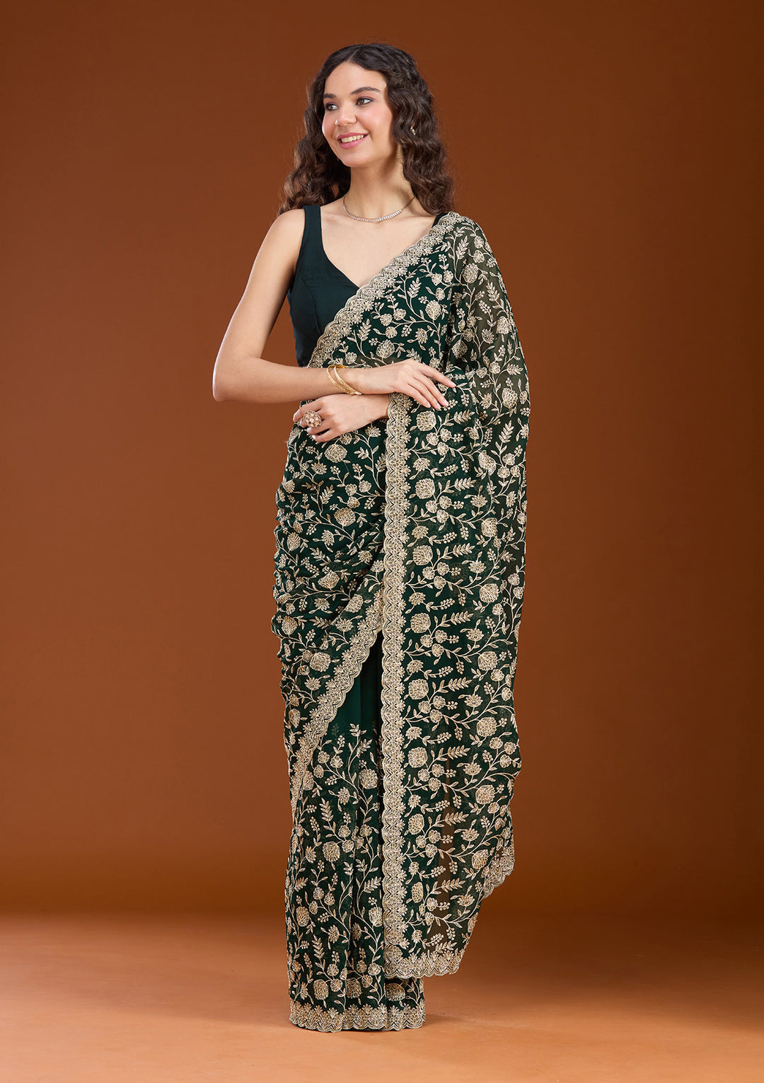 Bottle Green Zariwork (Gold) Georgette Saree