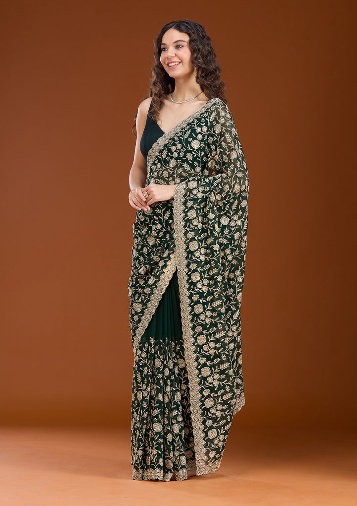 Bottle Green Zariwork (Gold) Georgette Saree