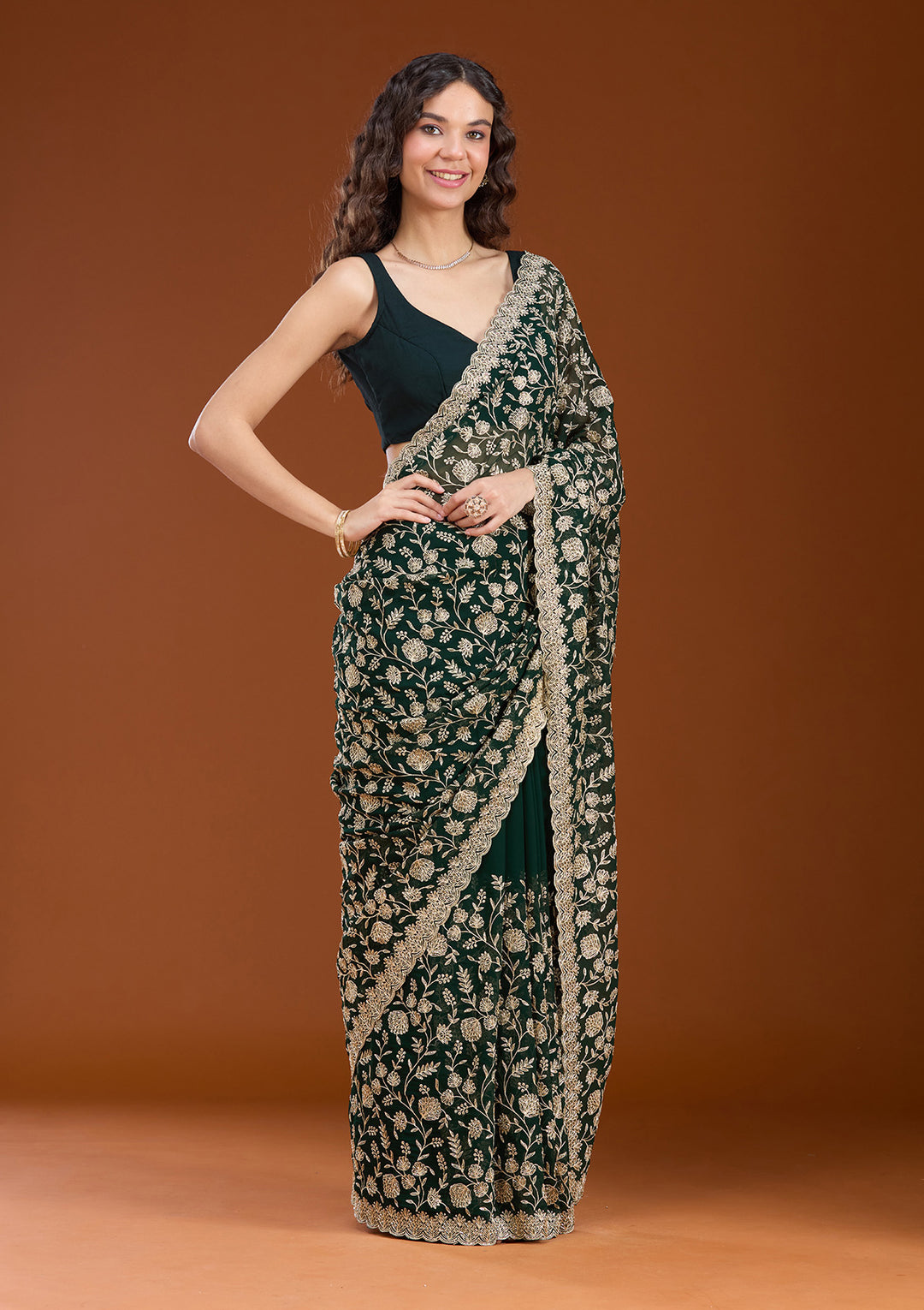 Bottle Green Zariwork (Gold) Georgette Saree