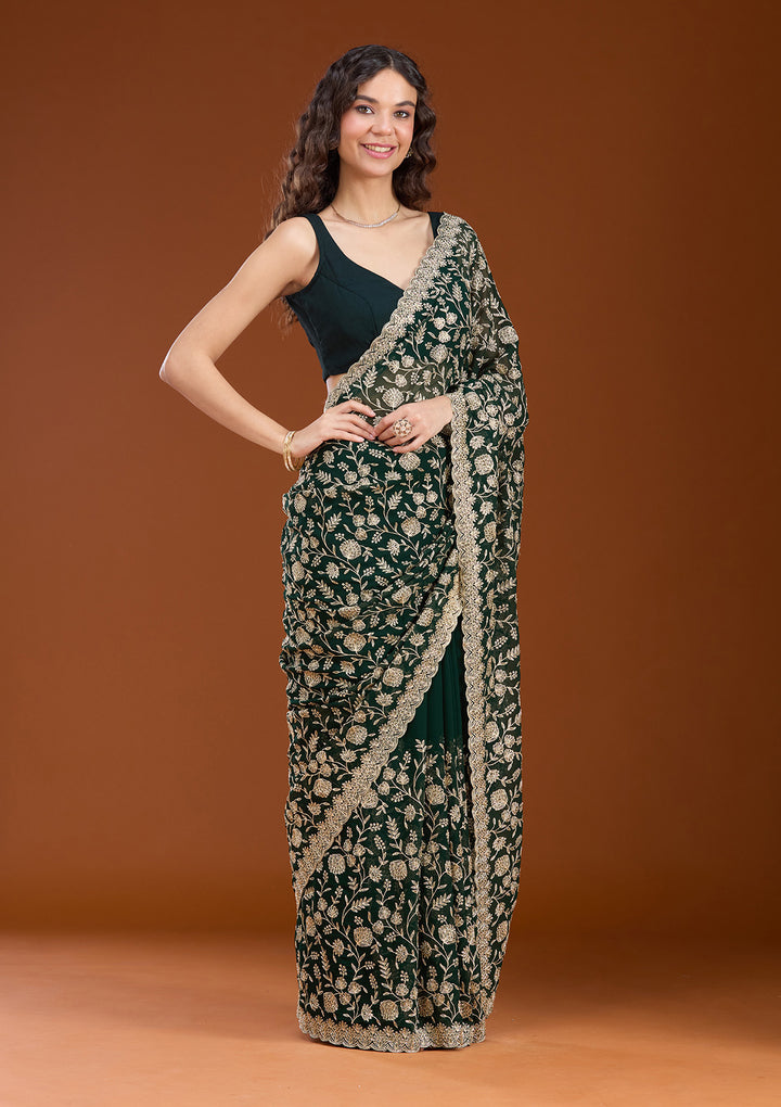 Bottle Green Zariwork (Gold) Georgette Saree