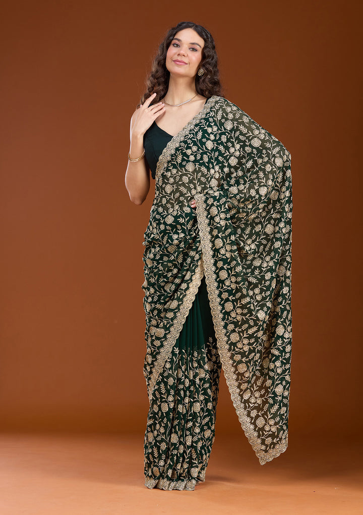 Bottle Green Zariwork (Gold) Georgette Saree