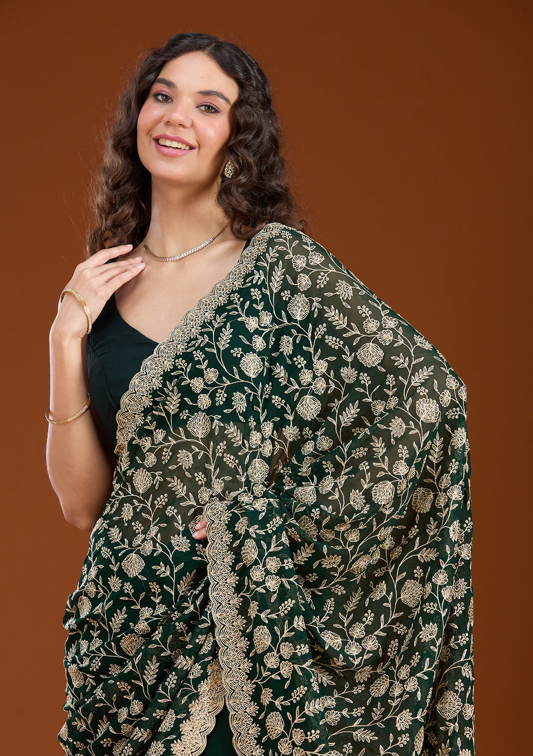 Bottle Green Zariwork (Gold) Georgette Saree