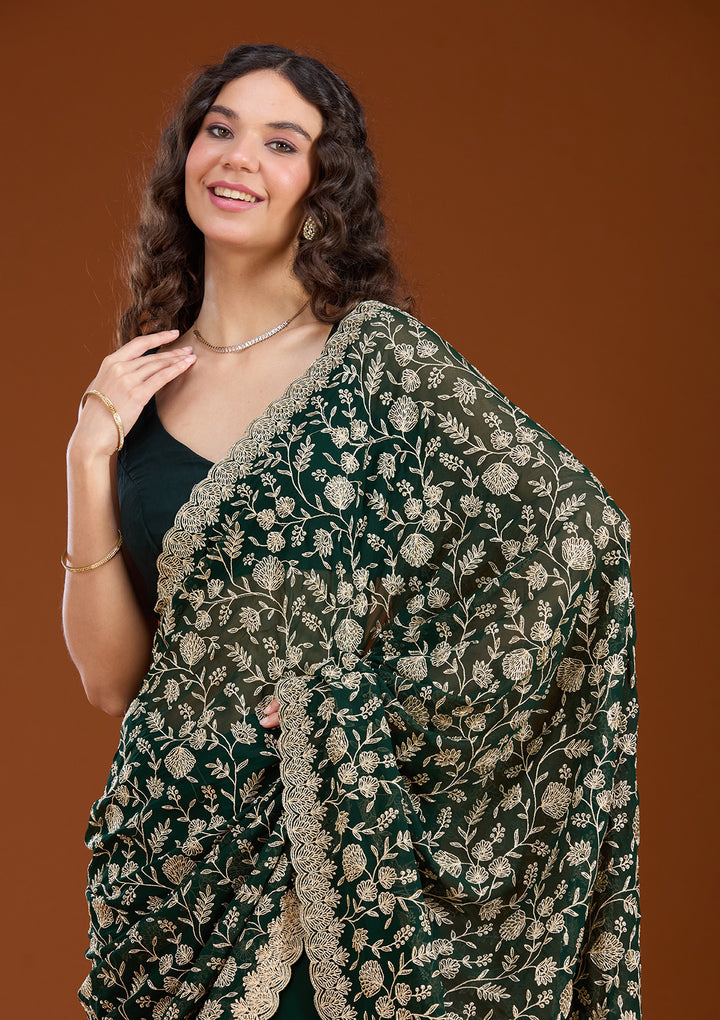 Bottle Green Zariwork (Gold) Georgette Saree