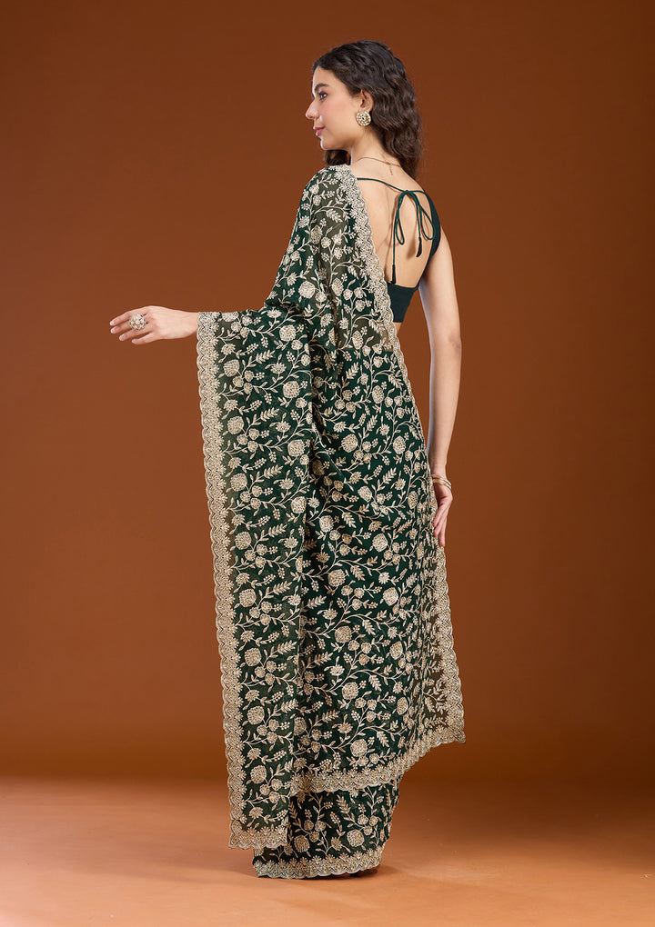 Bottle Green Zariwork (Gold) Georgette Saree