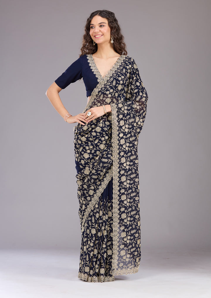 Navy Blue Zariwork (Gold) Georgette Saree