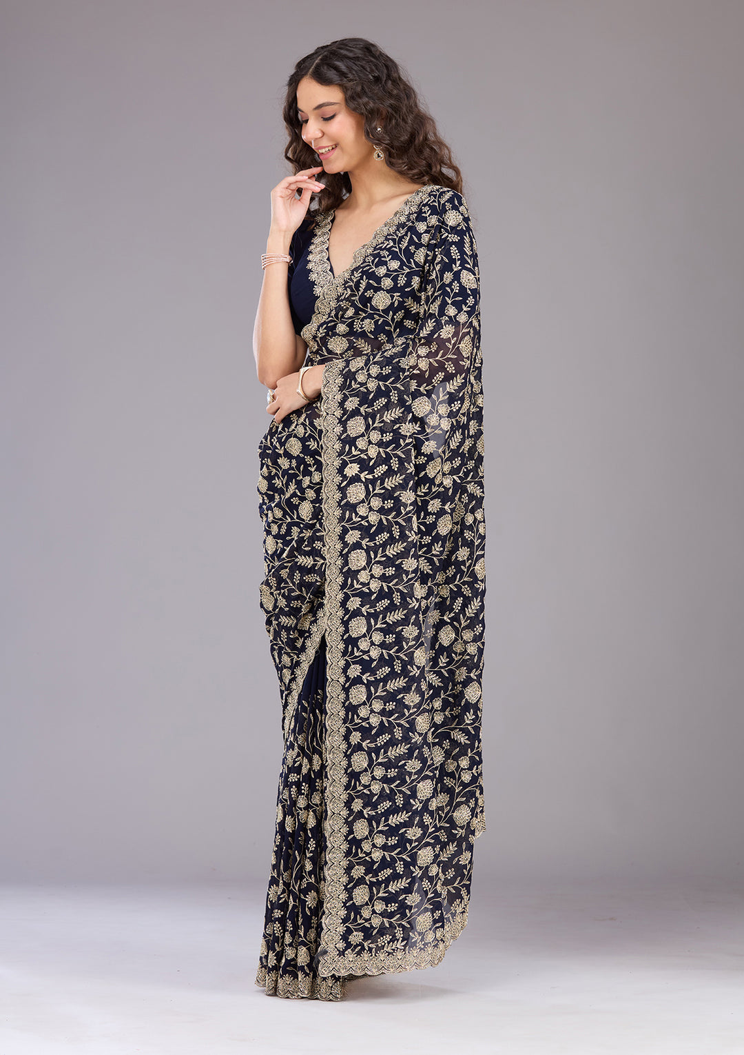 Navy Blue Zariwork (Gold) Georgette Saree