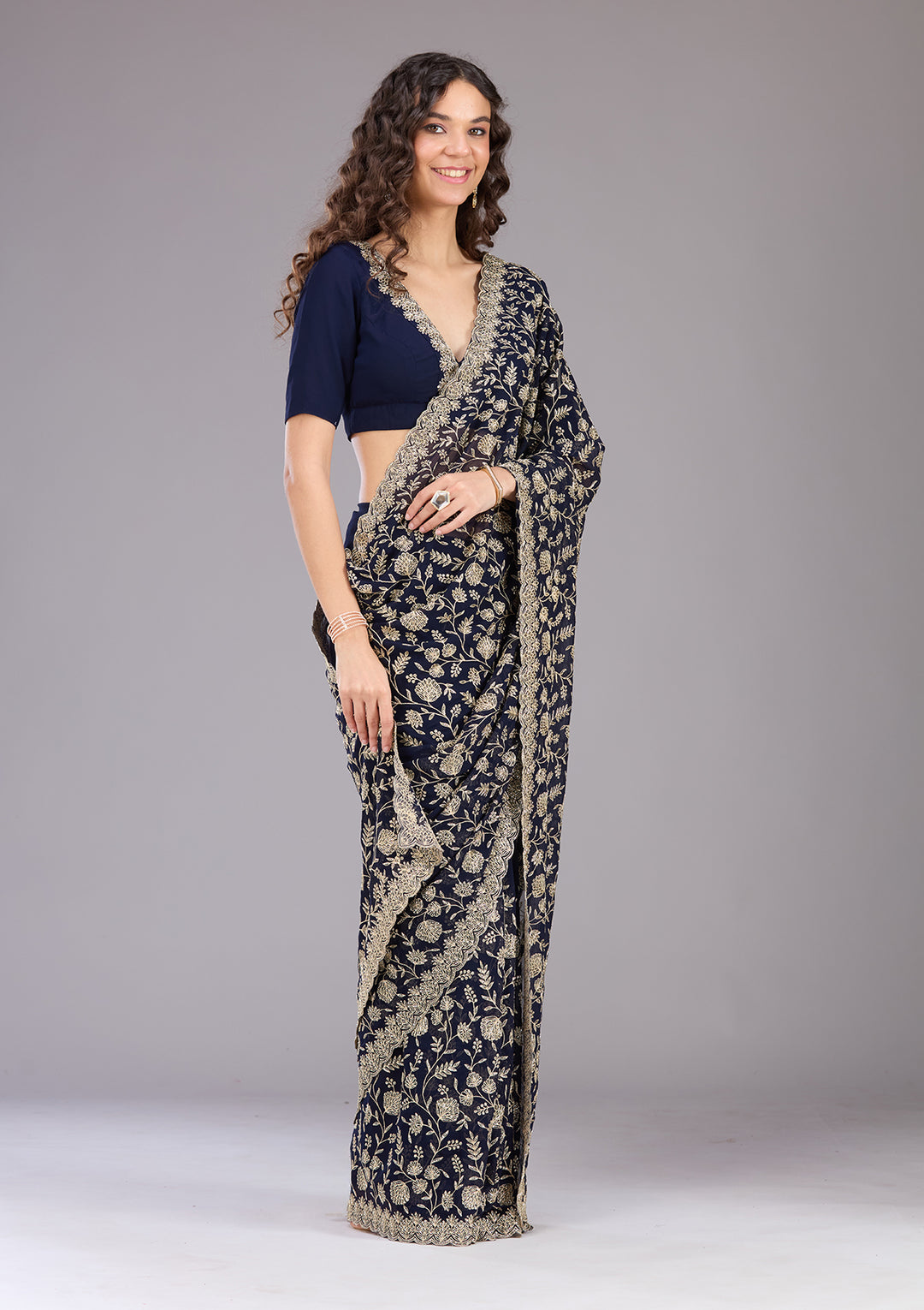 Navy Blue Zariwork (Gold) Georgette Saree