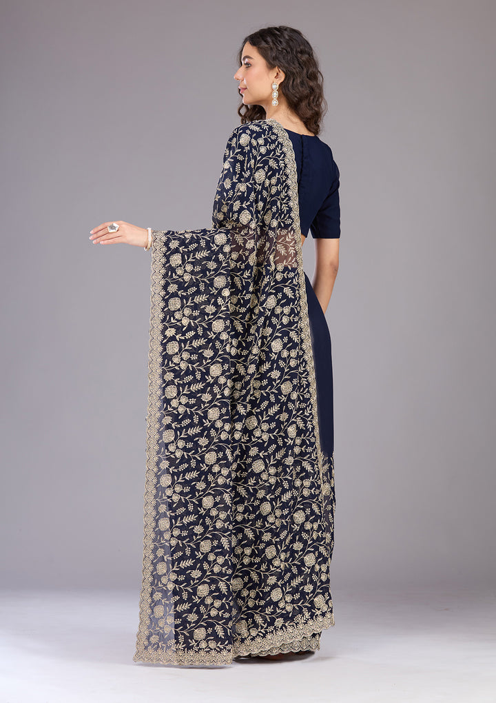 Navy Blue Zariwork (Gold) Georgette Saree