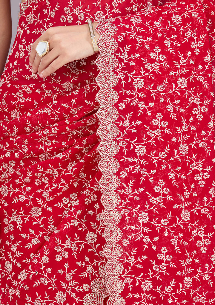 Maroon Zariwork (Silver) Georgette Saree