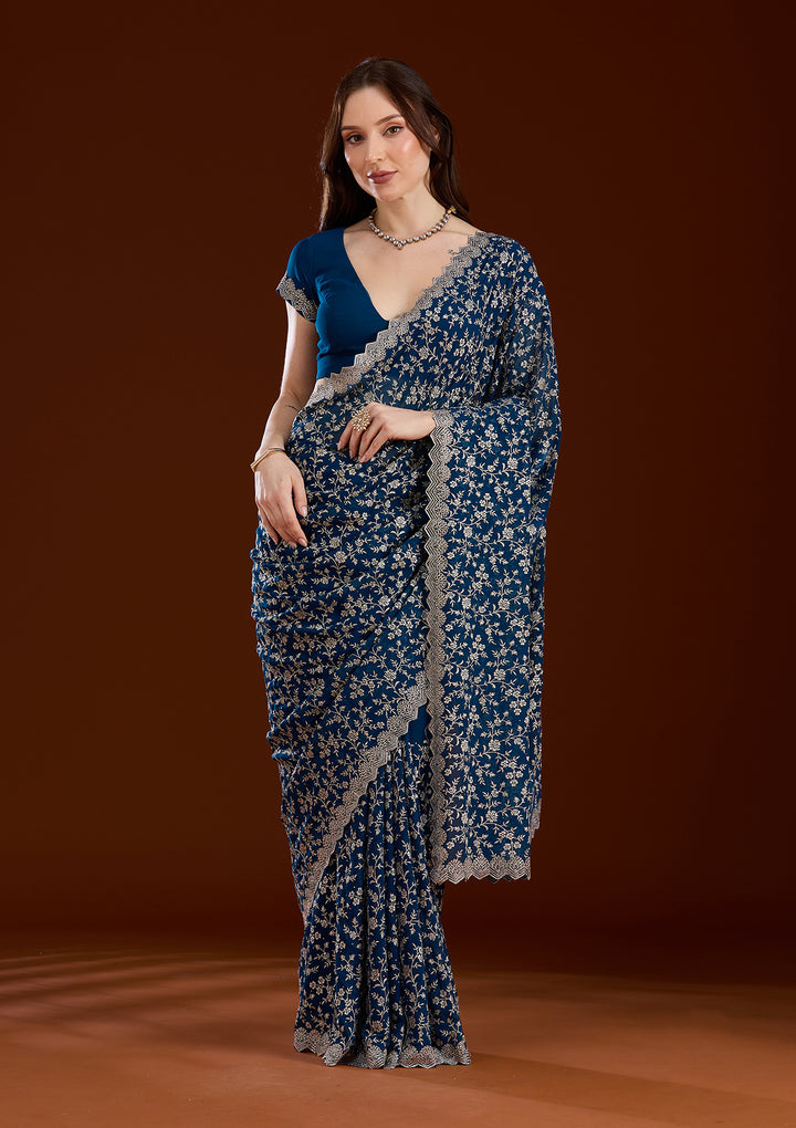 Peacock Blue Zariwork (Silver) Georgette Saree