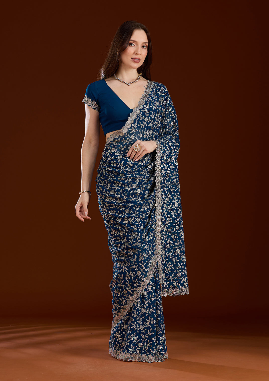 Peacock Blue Zariwork (Silver) Georgette Saree