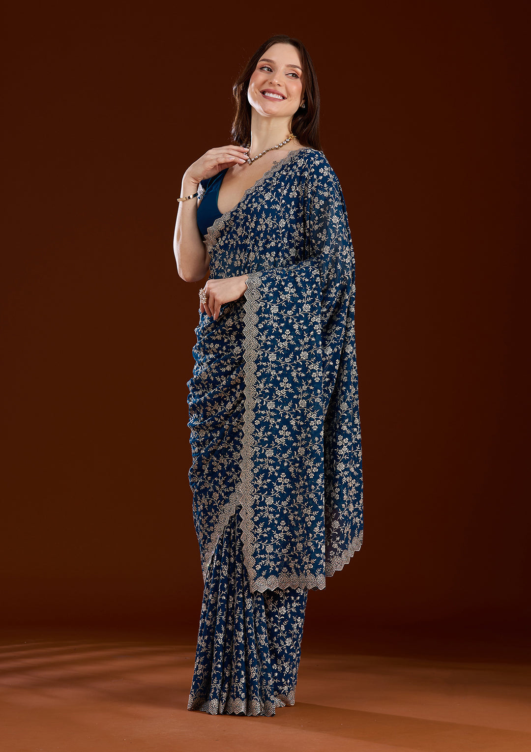 Peacock Blue Zariwork (Silver) Georgette Saree