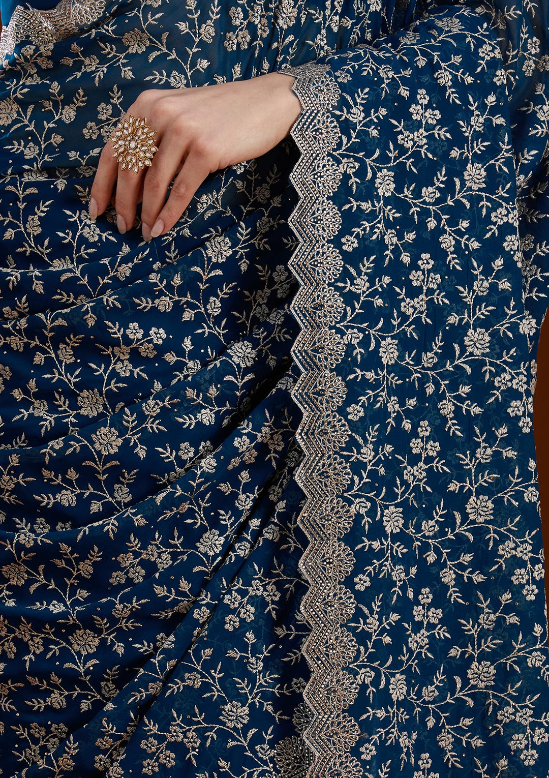 Peacock Blue Zariwork (Silver) Georgette Saree