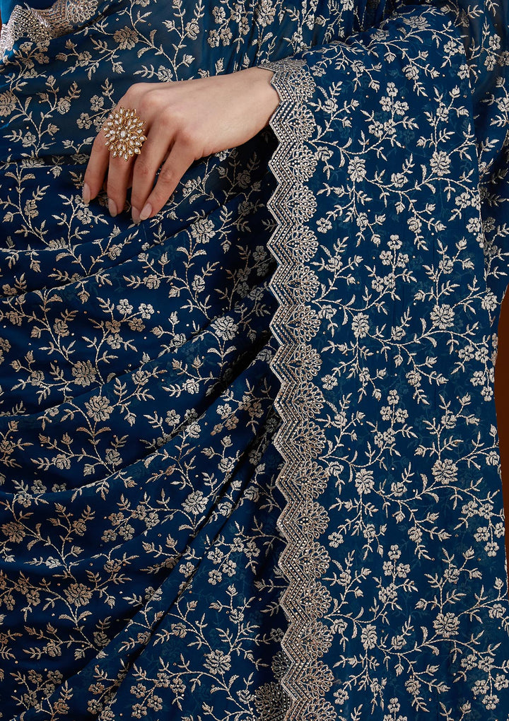 Peacock Blue Zariwork (Silver) Georgette Saree
