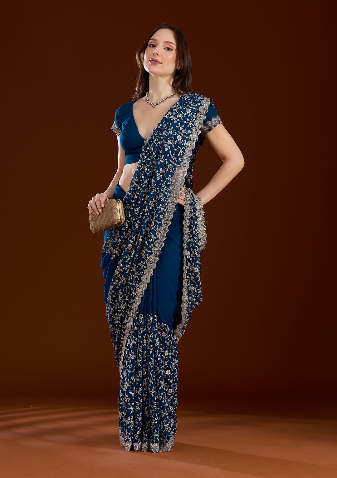 Peacock Blue Zariwork (Silver) Georgette Saree