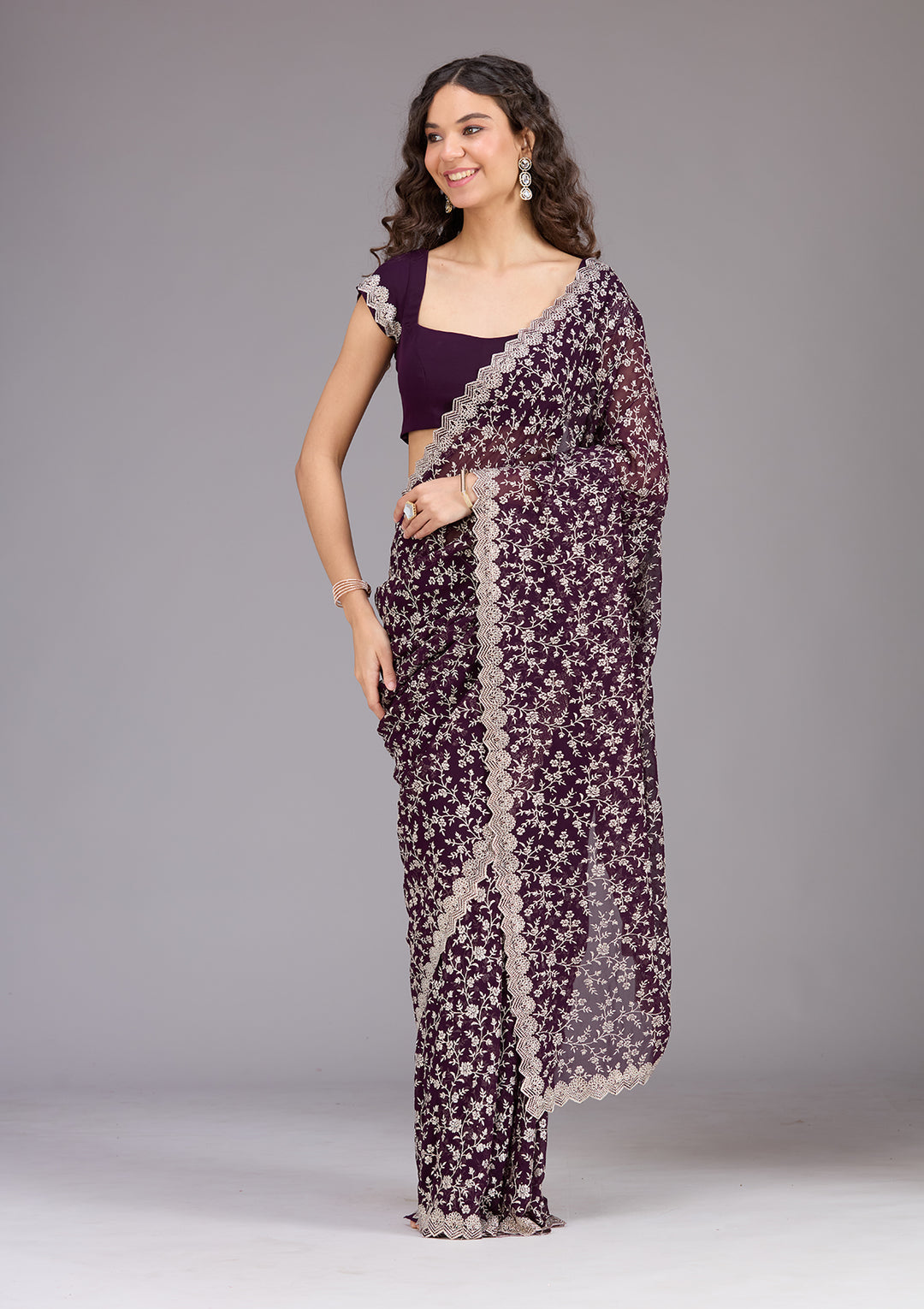 Purple Zariwork (Silver) Georgette Saree