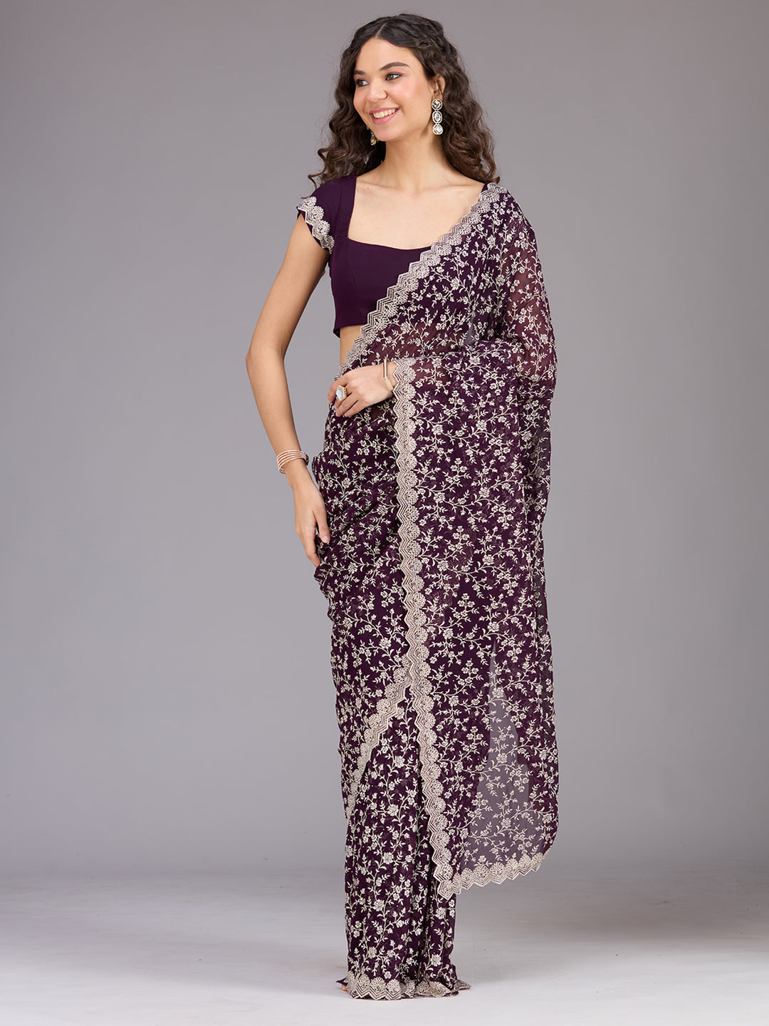 Purple Zariwork (Silver) Georgette Saree