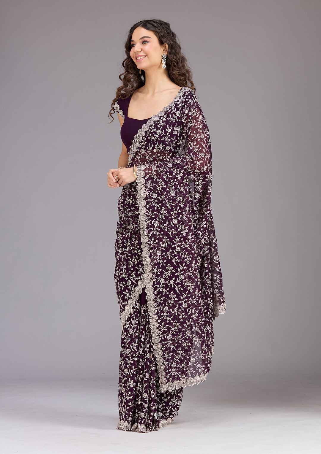 Purple Zariwork (Silver) Georgette Saree