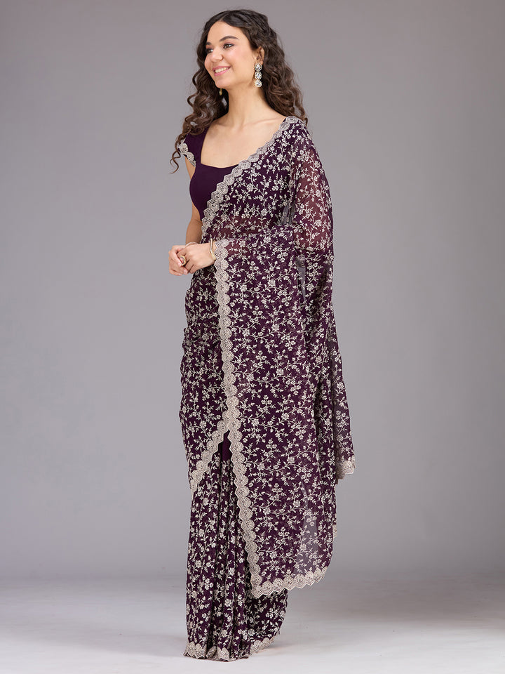 Purple Zariwork (Silver) Georgette Saree