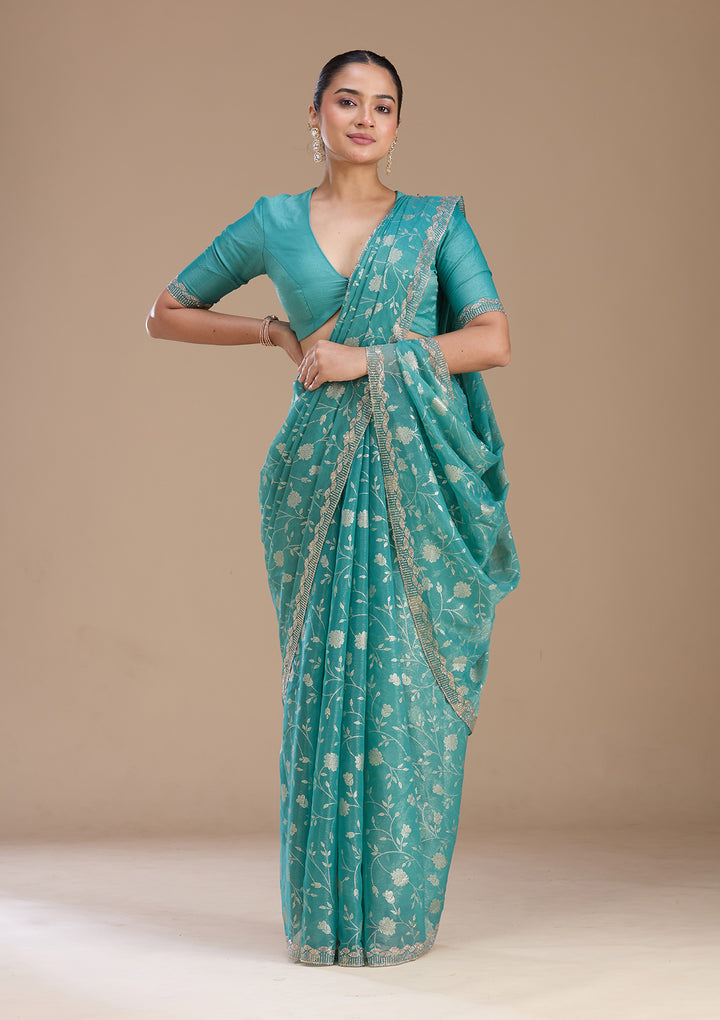 Sea Green Badla Tissue Saree