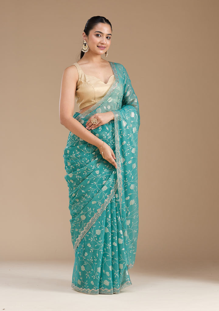 Sea Green Badla Tissue Saree