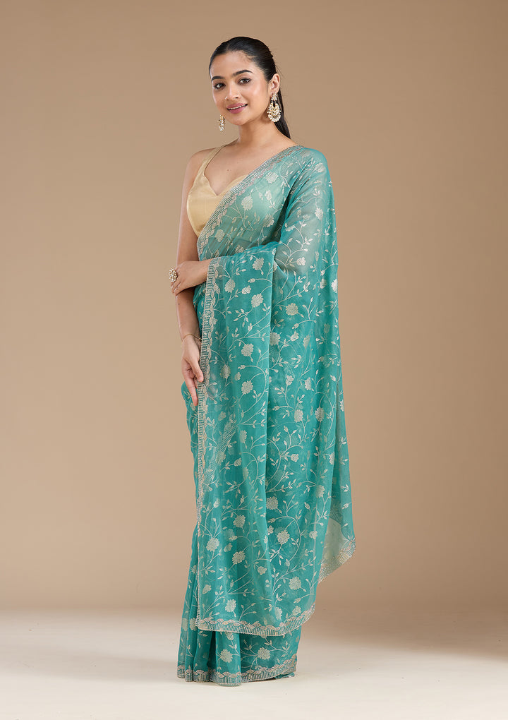 Sea Green Badla Tissue Saree