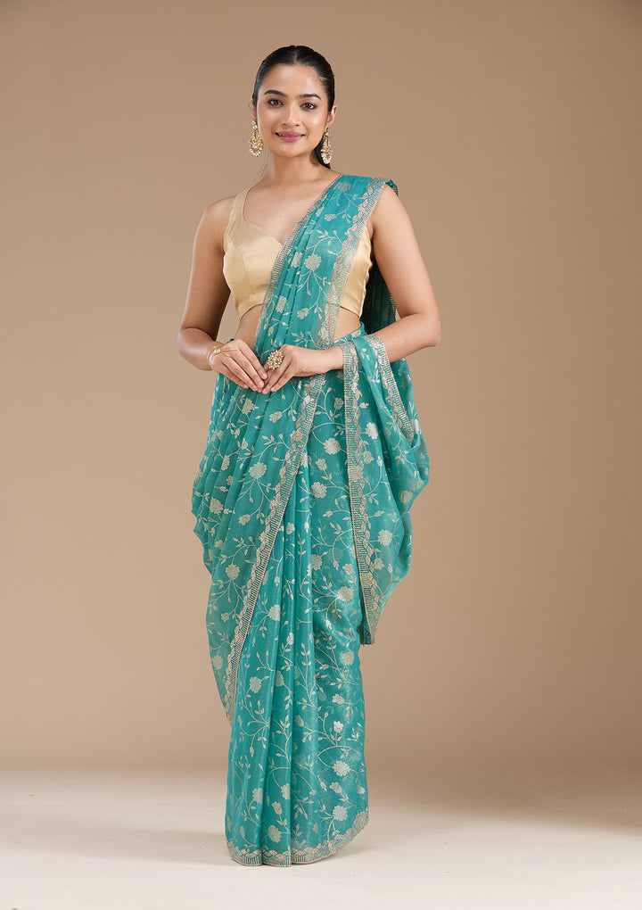 Sea Green Badla Tissue Saree