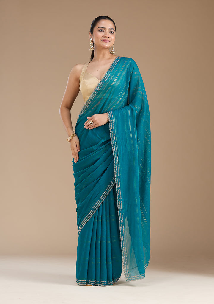 Peacock Blue Stonework (Gold) Chiffon Saree