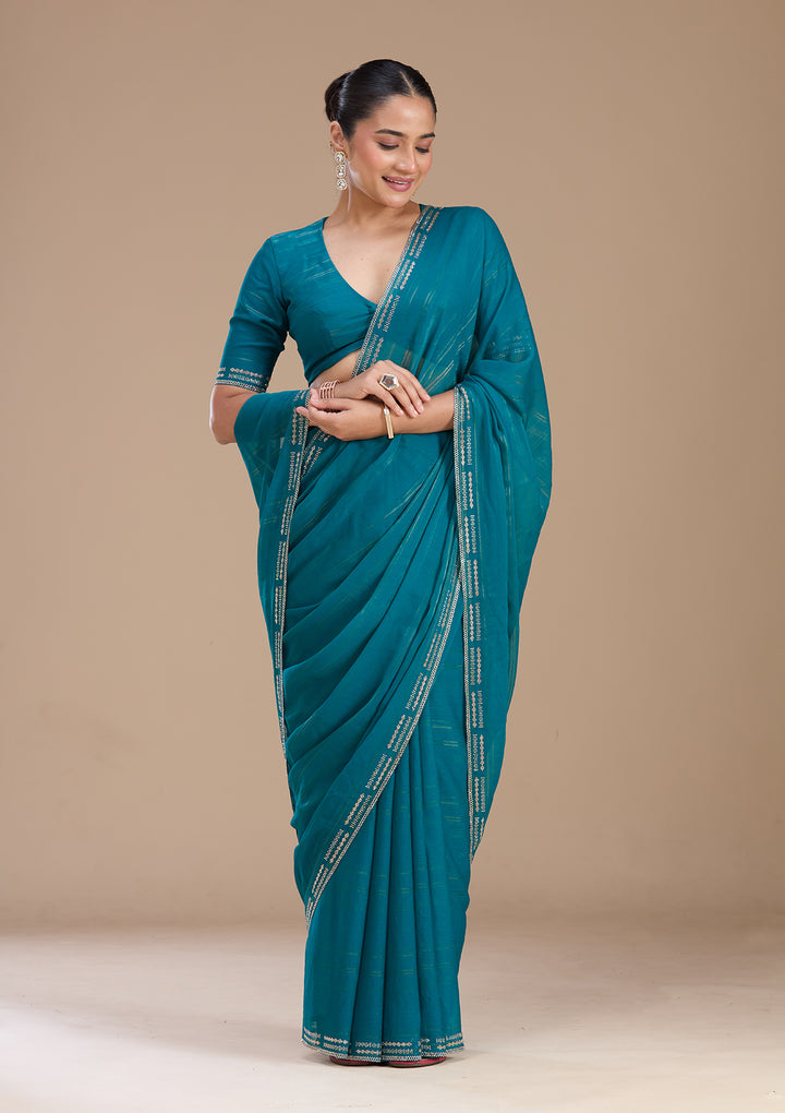 Peacock Blue Stonework (Gold) Chiffon Saree