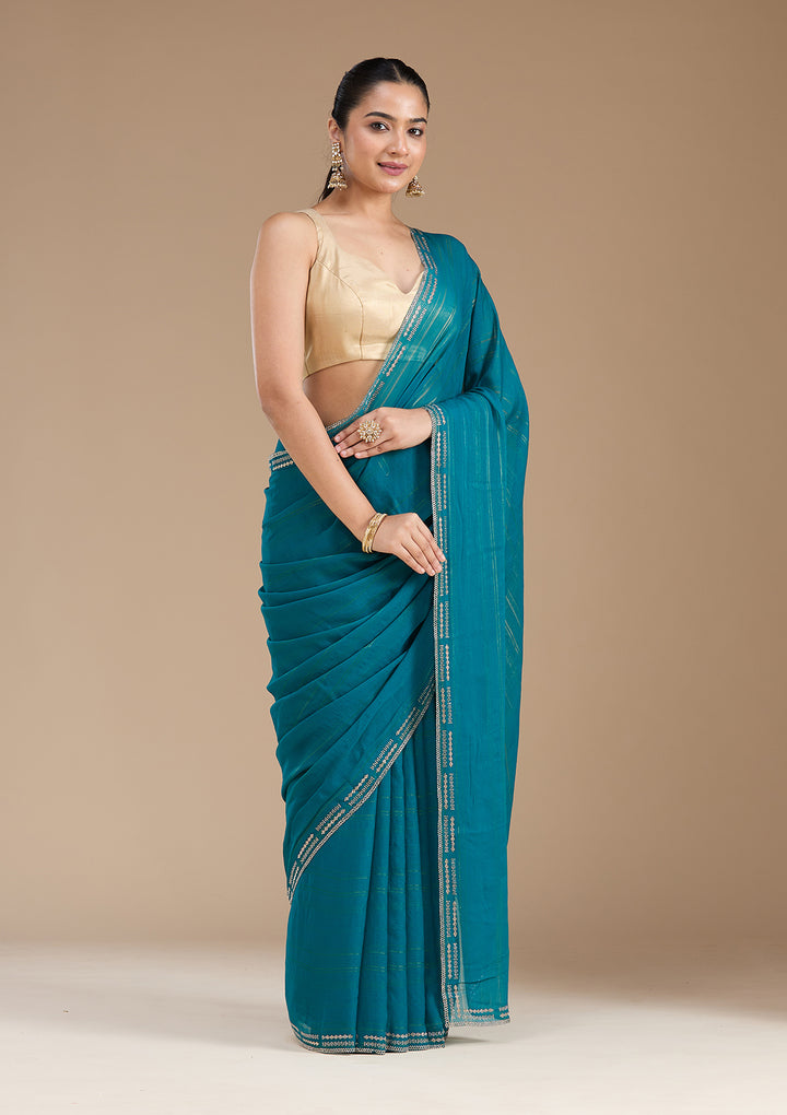 Peacock Blue Stonework (Gold) Chiffon Saree