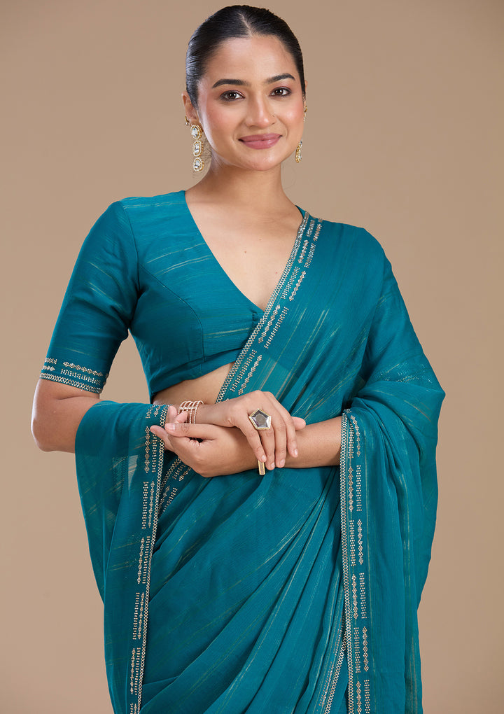 Peacock Blue Stonework (Gold) Chiffon Saree