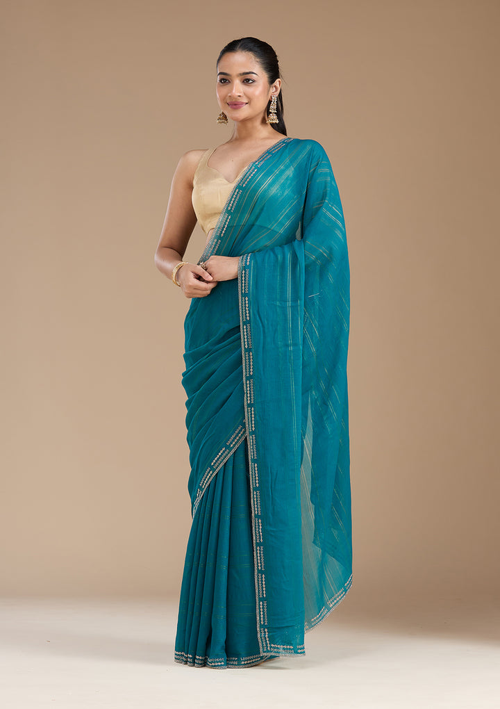 Peacock Blue Stonework (Gold) Chiffon Saree